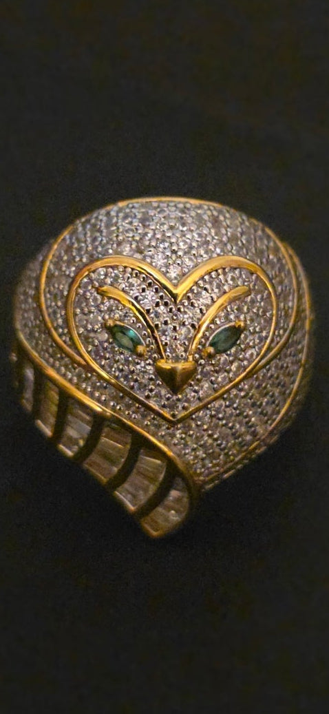Owl Ring – 18K Gold Over Sterling Silver with CZ & Emerald Simulants